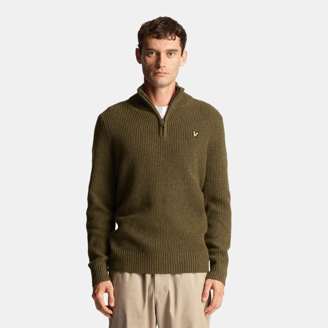 Lyle & Scott Ribbed Quarter Zip Jumper Olive Marl - Image 2