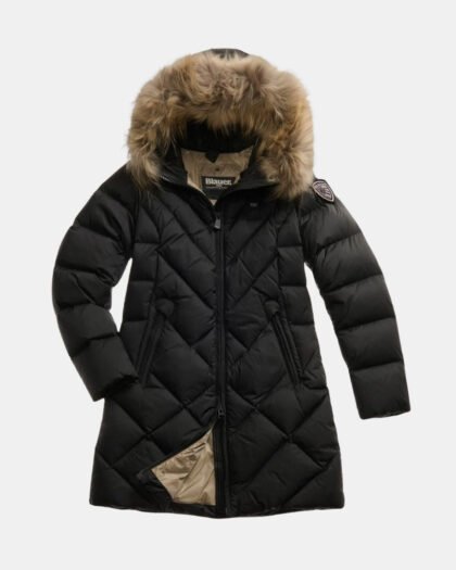 Blauer Althea Long Down Jacket With Geometric Lines Black Inside Beige