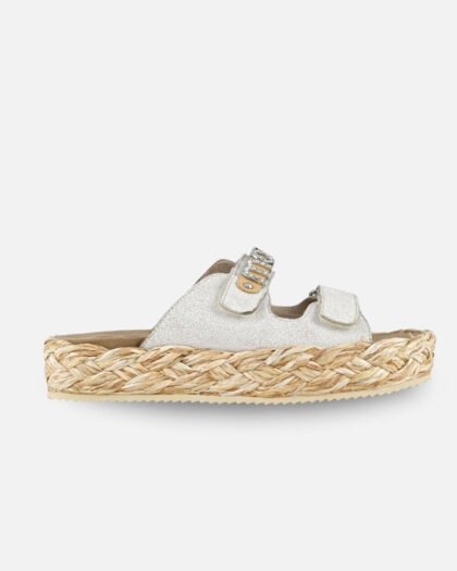 Mou Raffia Braid Sandal Leather Upper Crackled White