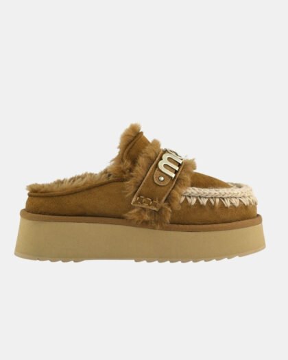 Mou Platform Clog-Letter Logo Cognac Suede