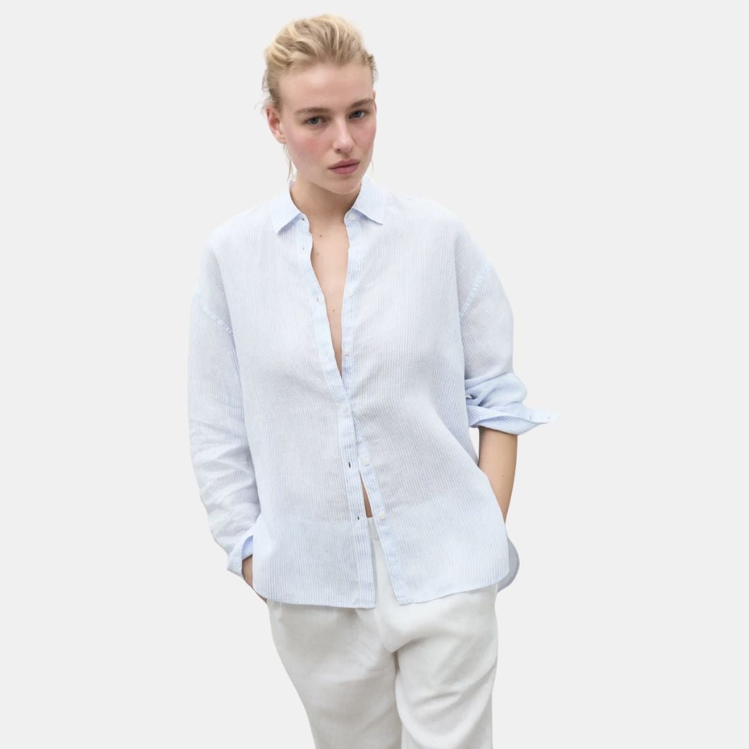 Ecoalf Daria Linen Shirt White Sky Blue Stripes - Image 2